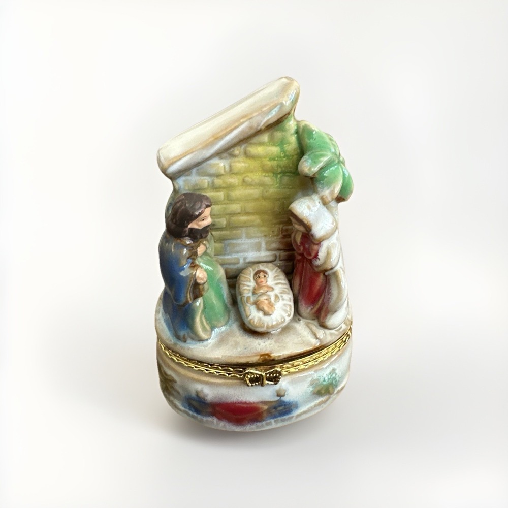 Vintage Porcelain Nativity Trinket Box Mary Joseph Baby Jesus Hinged Gold‎